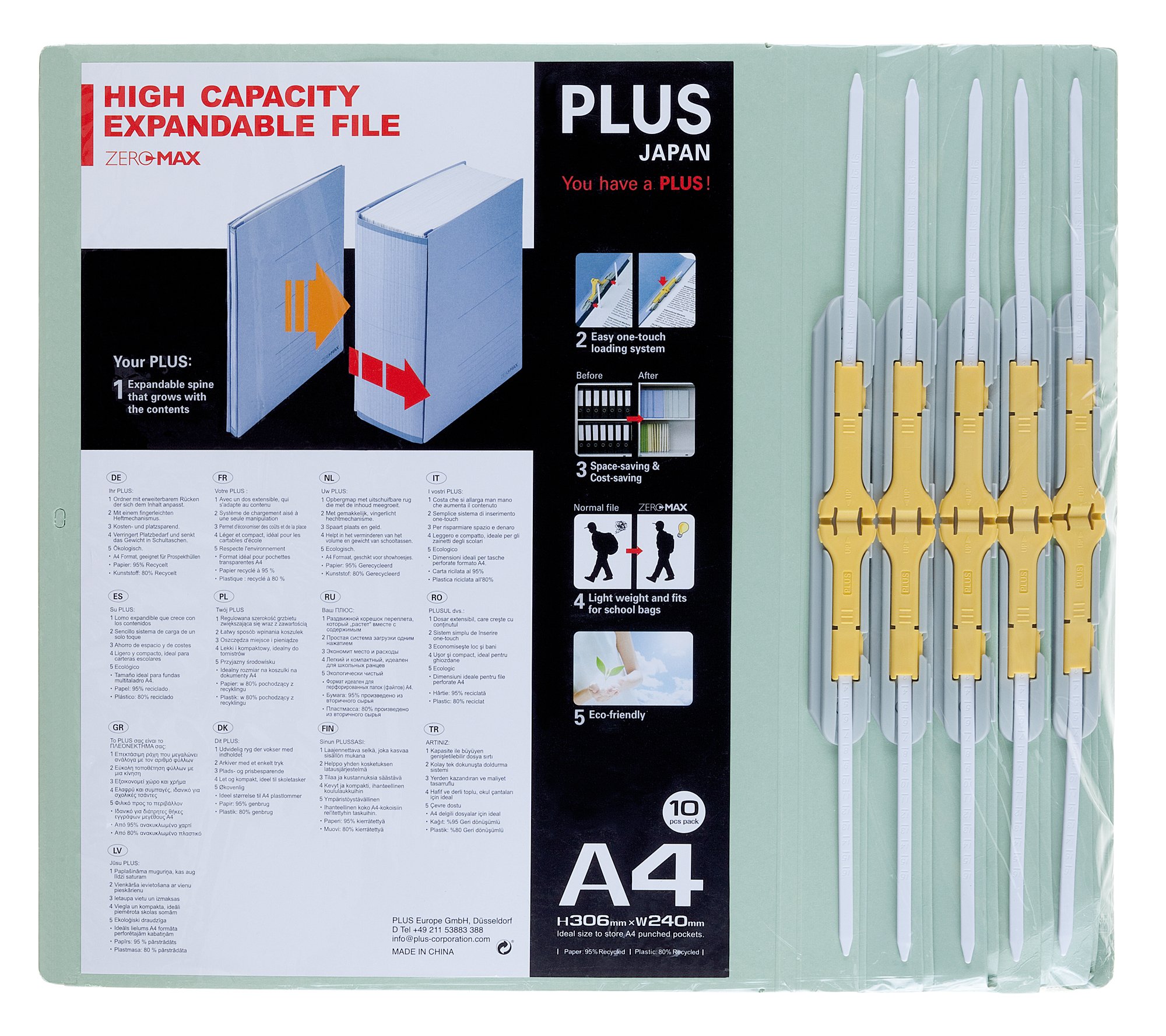 PLUS Japan Zero Max Platzsparordner - Grau, 10er Pack (1x 10 Ordner)